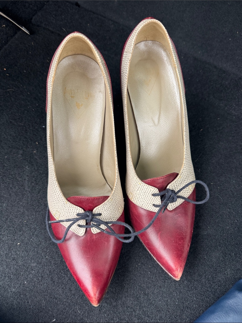 John Fluevog Sumatra Coffee Burgundy Off White Pumps Laces Pointed Shoes size 8 - Picture 2 of 9